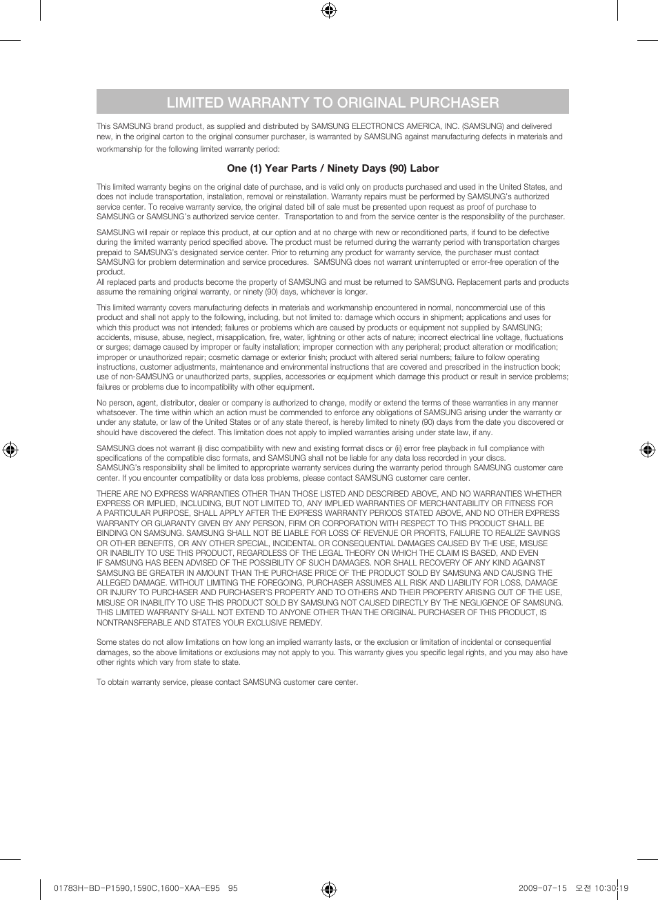 Limited warranty to original purchaser | Samsung BD-P1600-XAA User Manual | Page 85 / 87