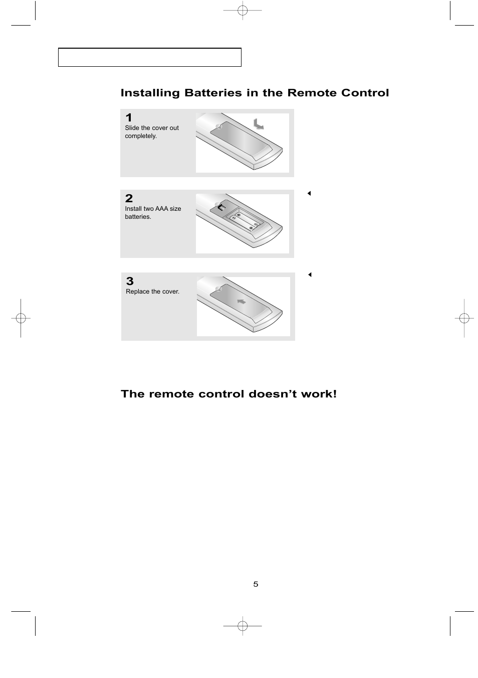 Installing batteries in the remote control, The remote control doesn’t work | Samsung LTN1535X-XAX User Manual | Page 12 / 50