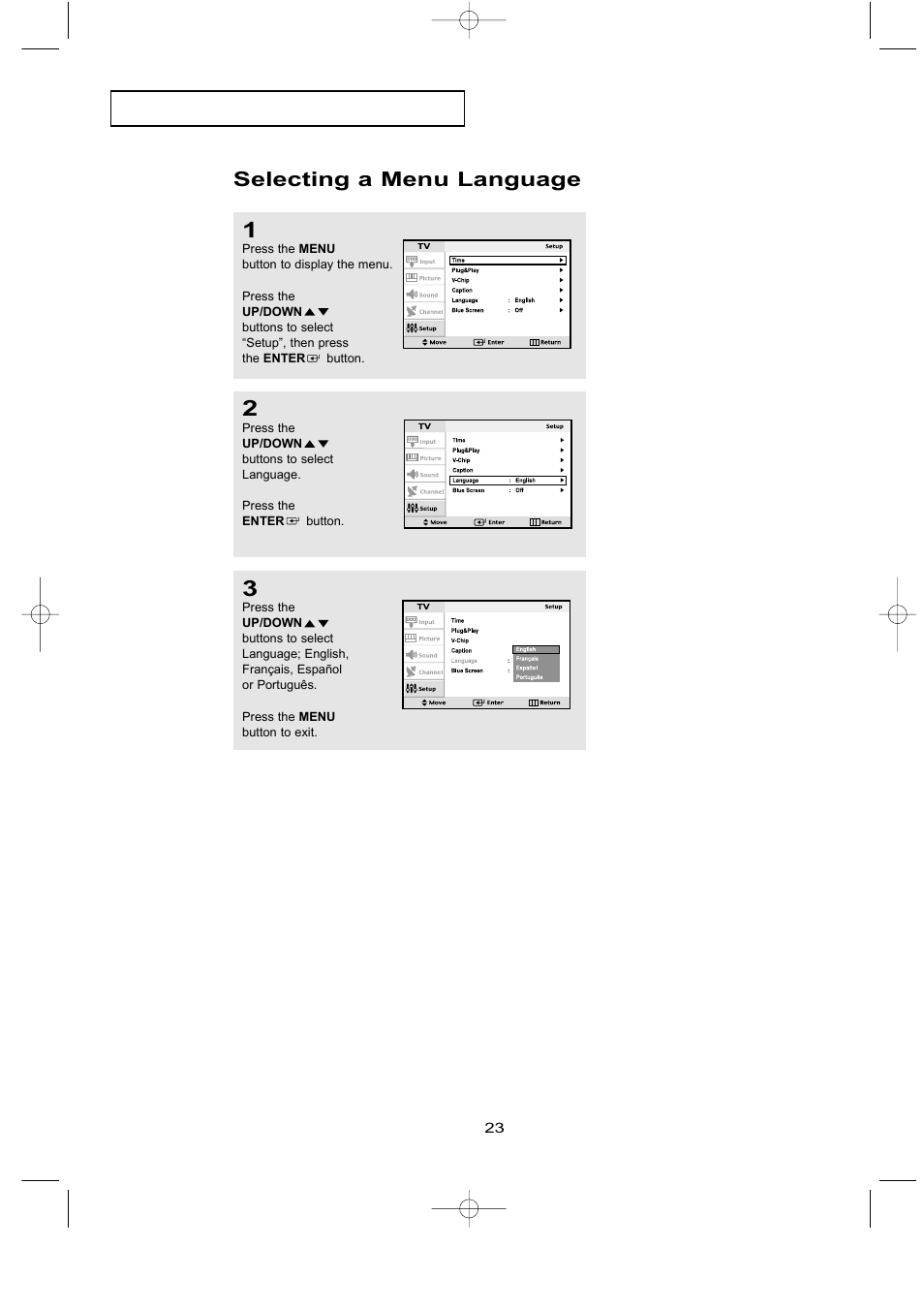 Selecting a menu language | Samsung LTN1535X-XAX User Manual | Page 30 / 50