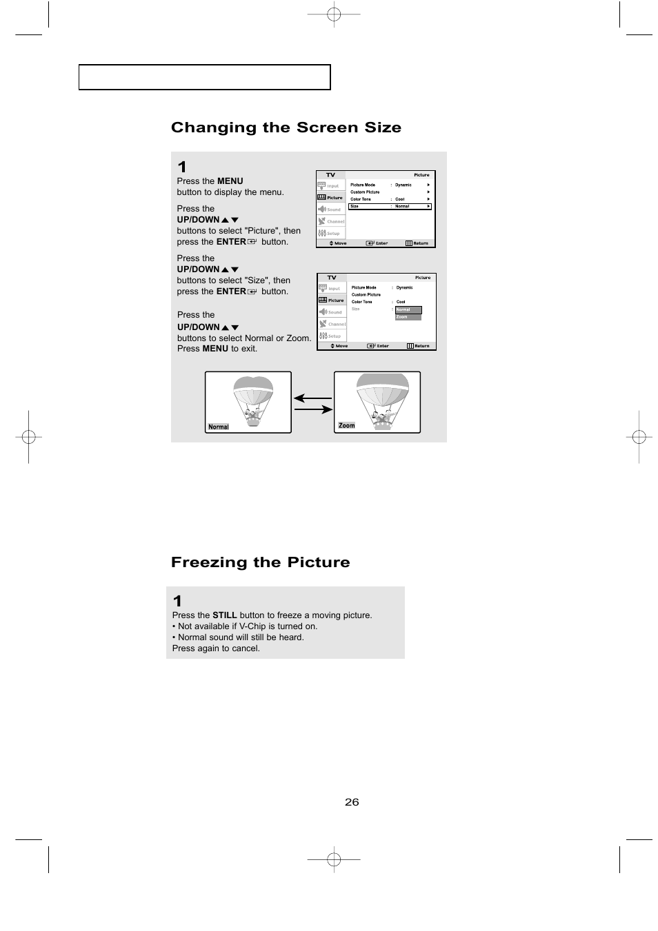 Freezing the picture, Changing the screen size | Samsung LTN1535X-XAX User Manual | Page 33 / 50
