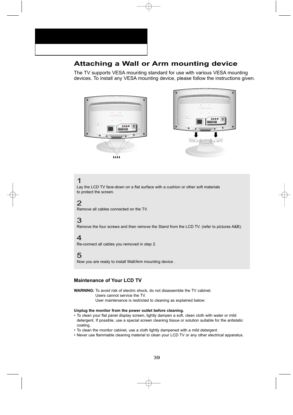 Attaching a wall or arm mounting device | Samsung LTN1535X-XAX User Manual | Page 46 / 50