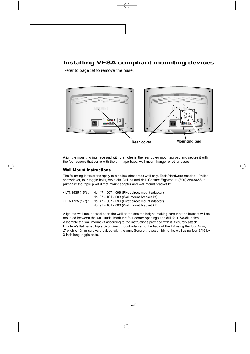 Installing vesa compliant mounting devices | Samsung LTN1535X-XAX User Manual | Page 47 / 50