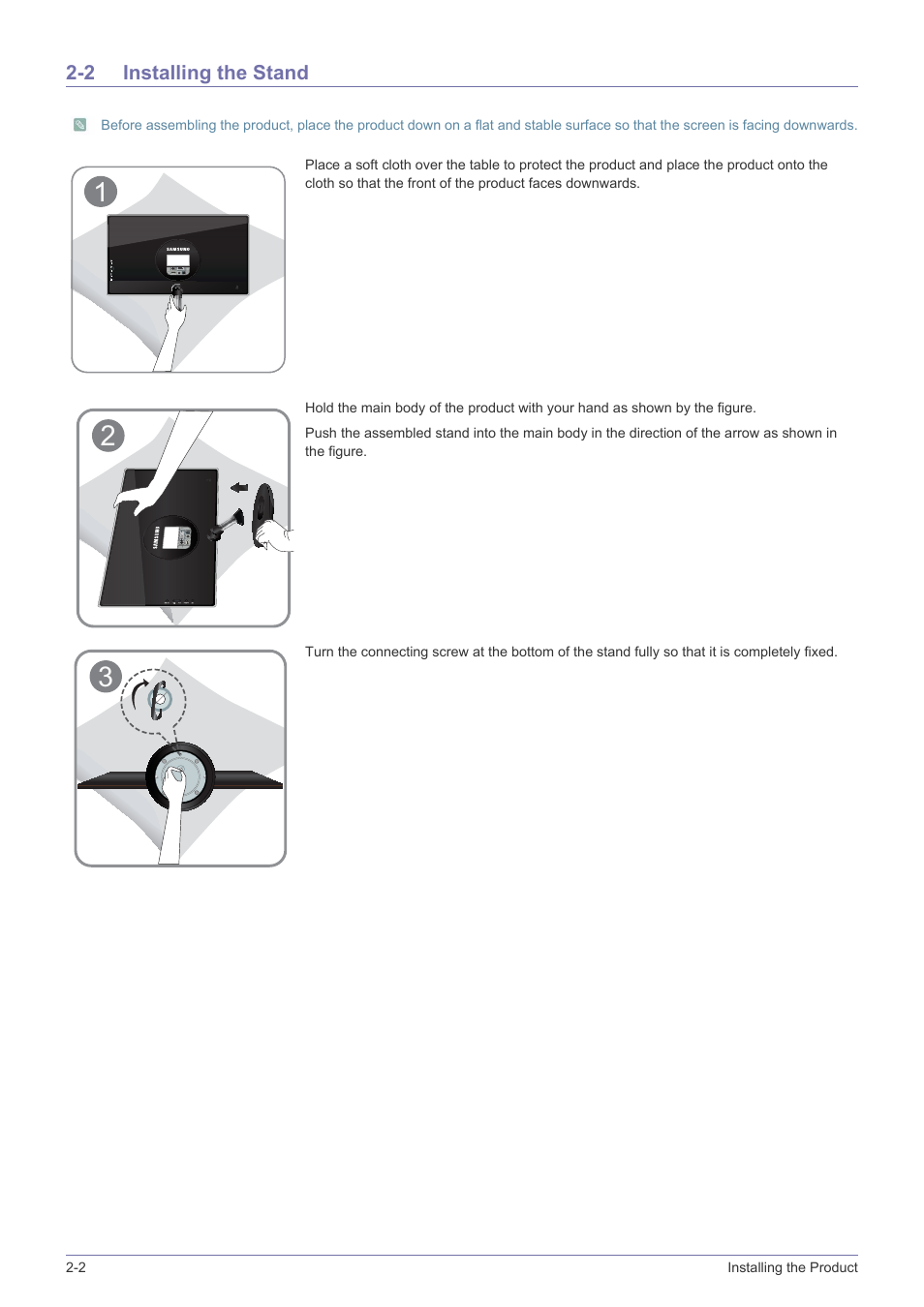 2 installing the stand, Installing the stand -2 | Samsung LS23WHUKFK-ZA User Manual | Page 12 / 45