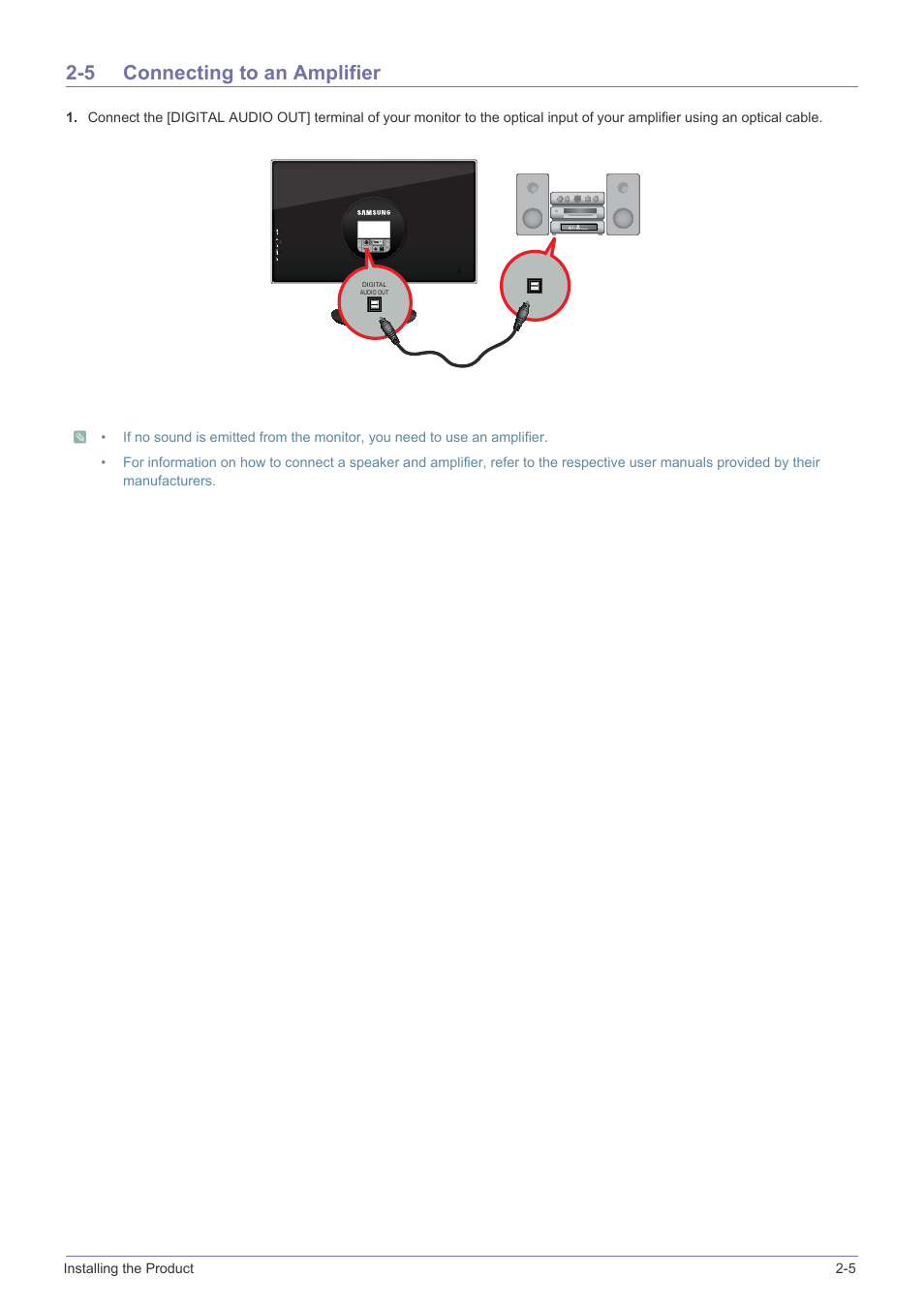 5 connecting to an amplifier, Connecting to an amplifier -5 | Samsung LS23WHUKFK-ZA User Manual | Page 17 / 45
