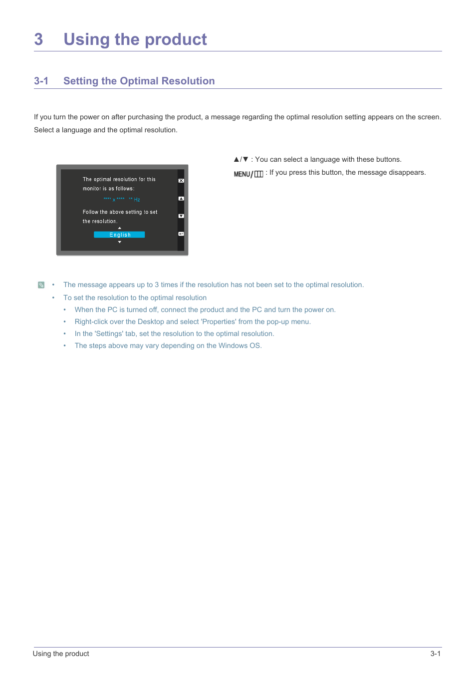 3 using the product, 1 setting the optimal resolution, Using the product | Setting the optimal resolution -1, 3using the product | Samsung LS23WHUKFK-ZA User Manual | Page 19 / 45