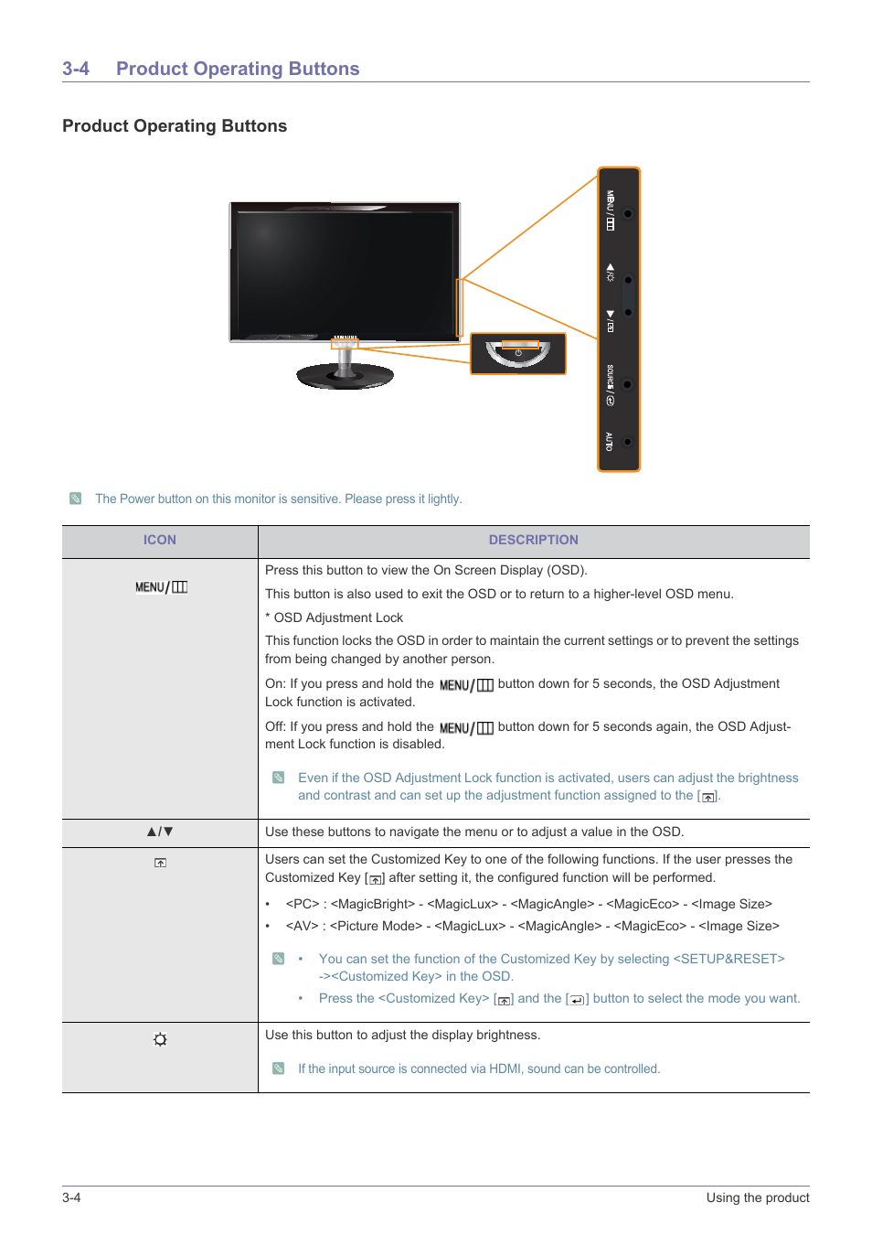 4 product operating buttons, Product operating buttons -4, Product operating buttons | Samsung LS23WHUKFK-ZA User Manual | Page 22 / 45