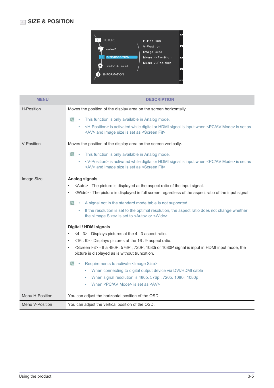 Size & position | Samsung LS23WHUKFK-ZA User Manual | Page 29 / 45