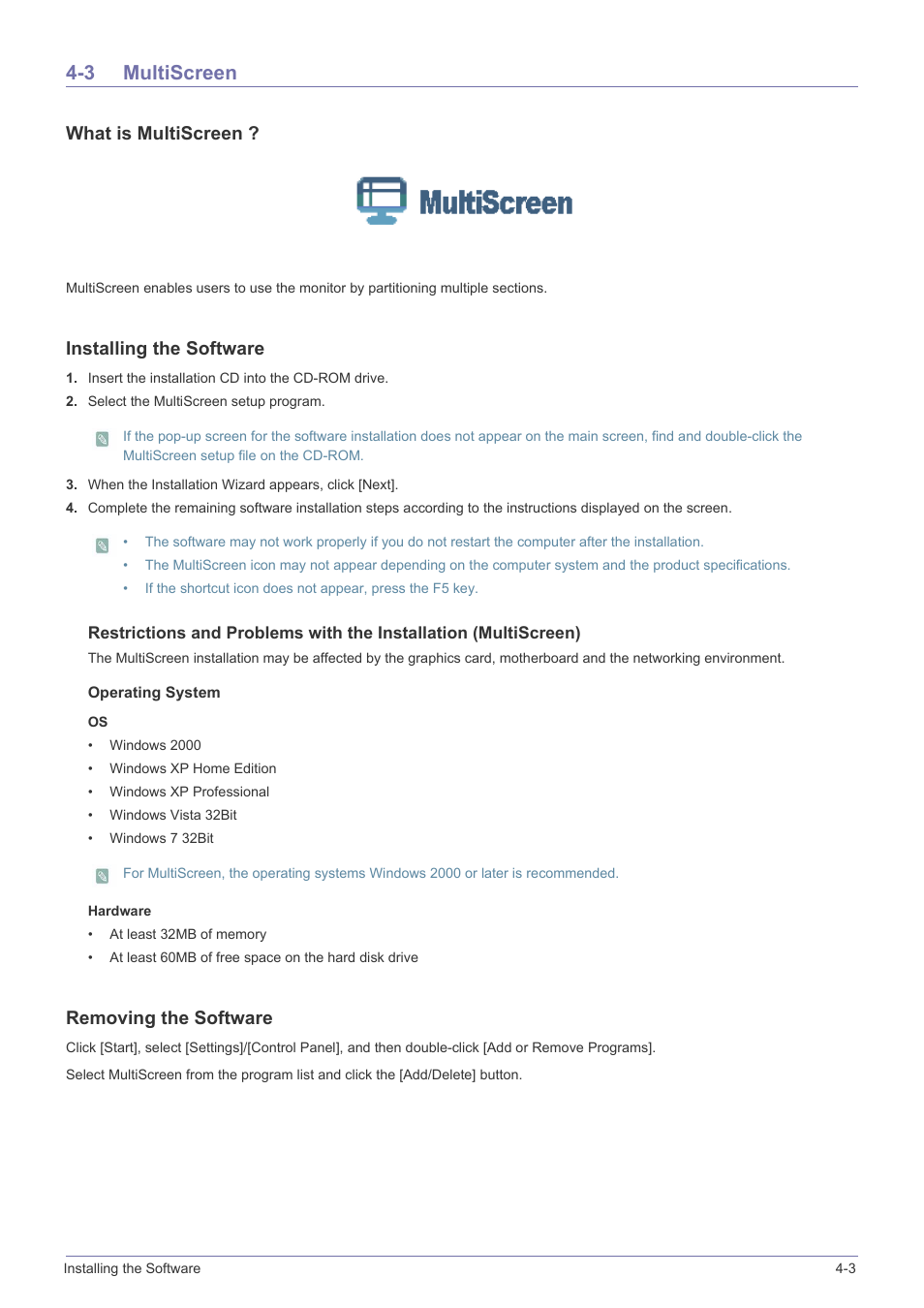 3 multiscreen, Multiscreen -3, What is multiscreen | Installing the software, Removing the software | Samsung LS23WHUKFK-ZA User Manual | Page 35 / 45