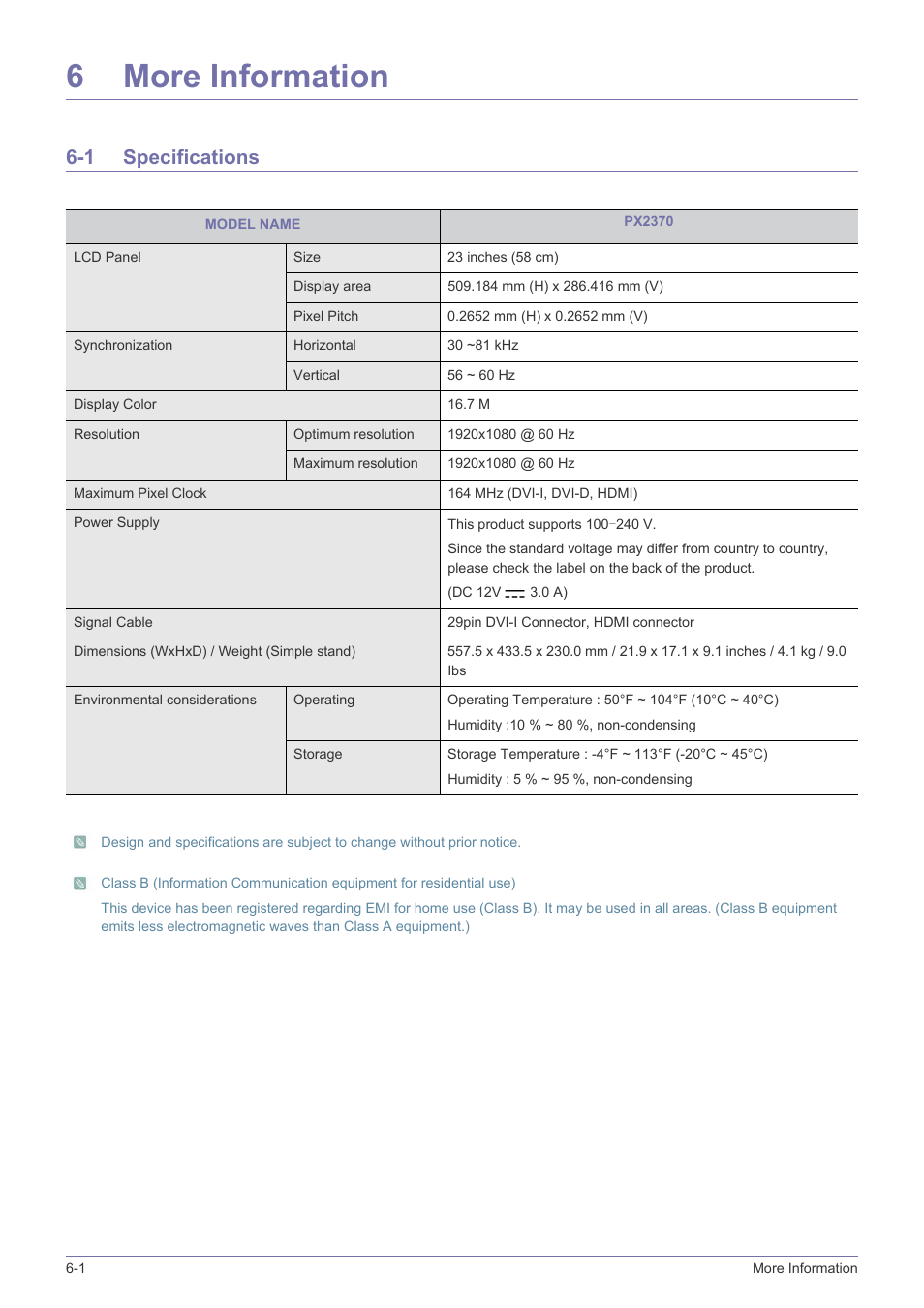 6 more information, 1 specifications, More information | Specifications -1, 6more information | Samsung LS23WHUKFK-ZA User Manual | Page 40 / 45