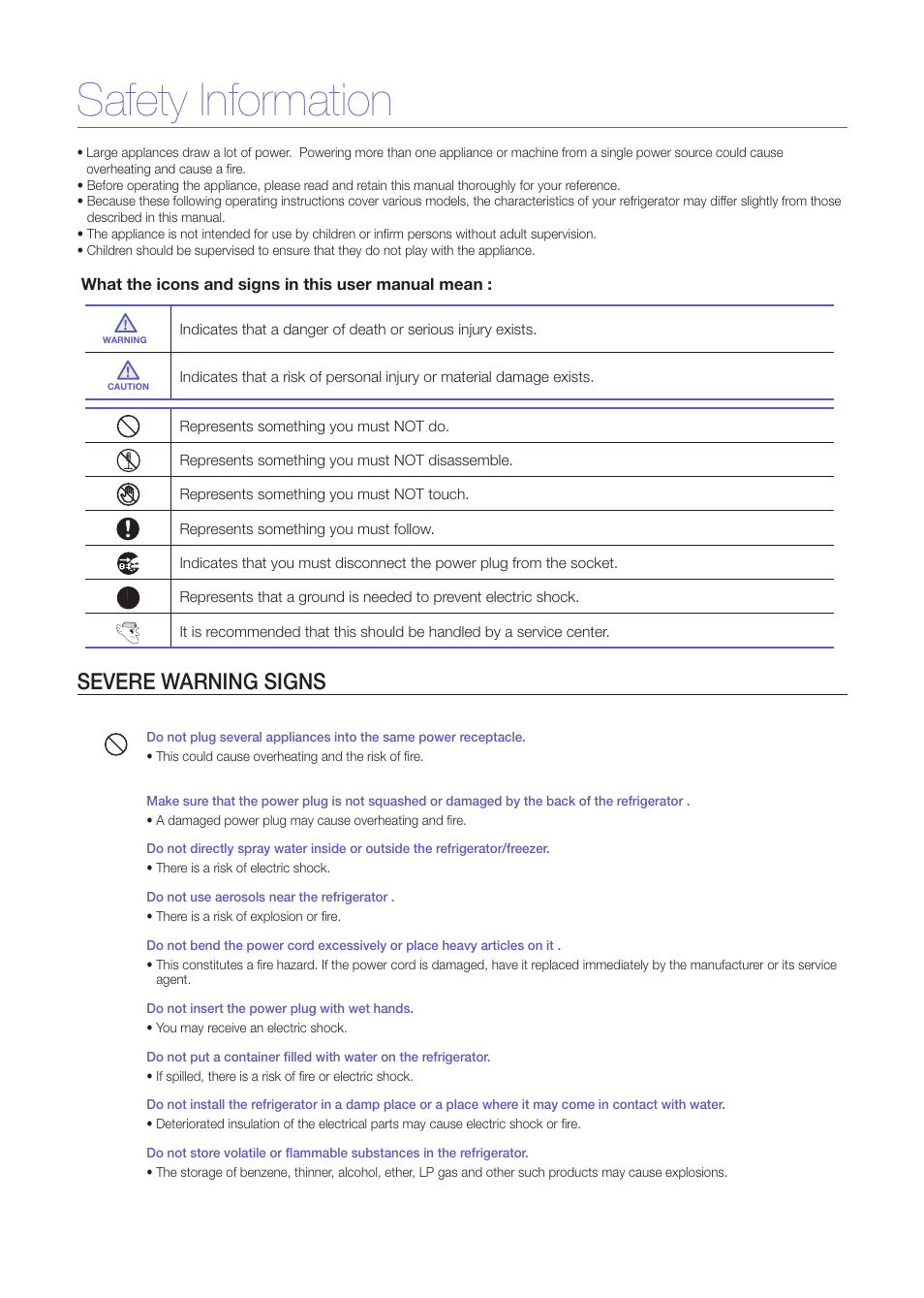 Safety information, Severe warning signs | Samsung RS275ACRS-XAA User Manual | Page 2 / 9