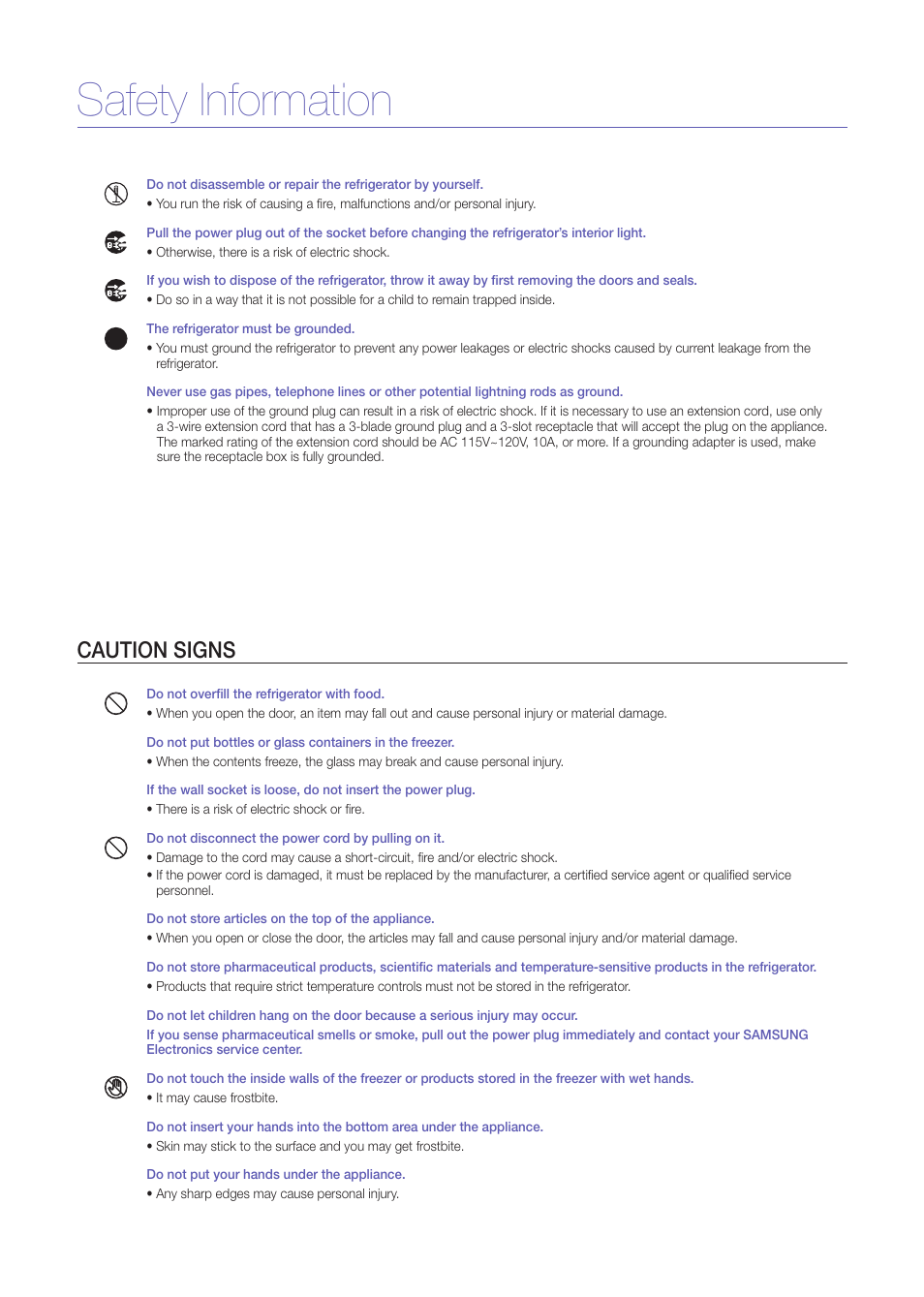 Safety information, Caution signs | Samsung RS275ACRS-XAA User Manual | Page 3 / 9