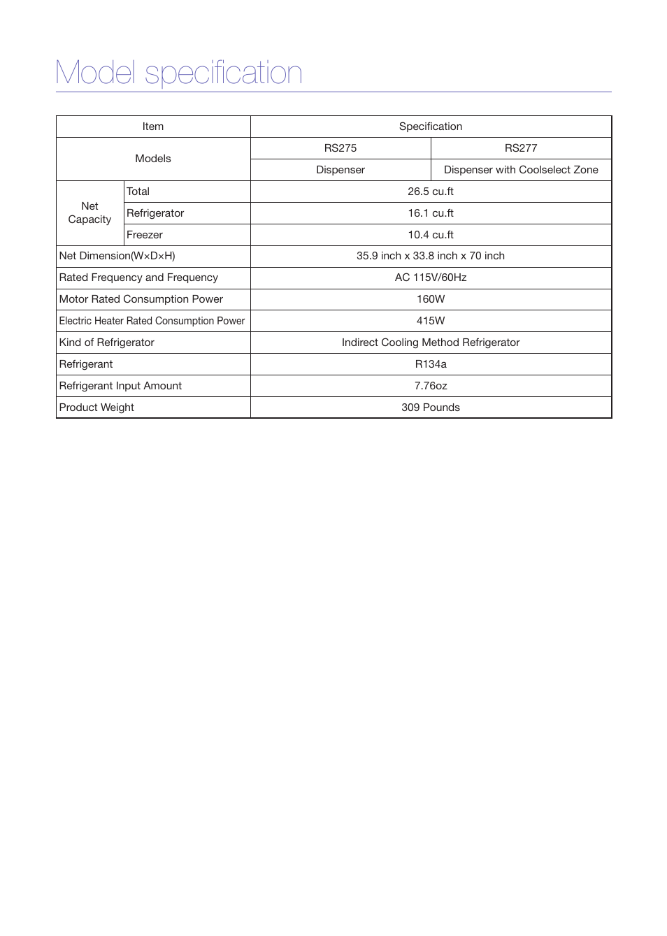 Model specification | Samsung RS275ACRS-XAA User Manual | Page 5 / 9