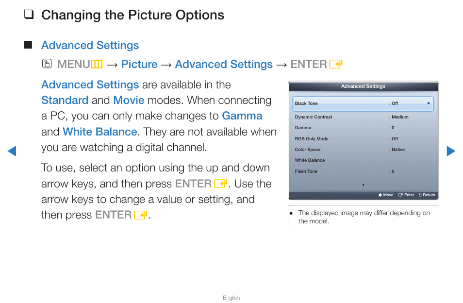 Changing the picture options, Advanced settings | Samsung PN43D430A3DXZA User Manual | Page 33 / 212