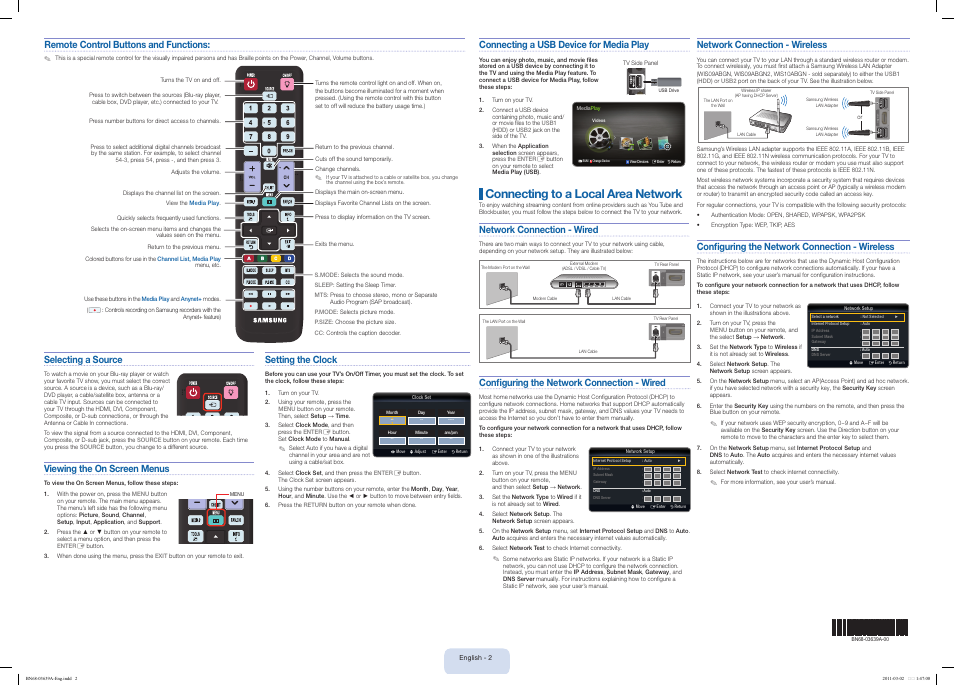 Connecting to a local area network, Setting the clock, Connecting a usb device for media play | Selecting a source, Viewing the on screen menus, Network connection - wired, Remote control buttons and functions, Network connection - wireless, Configuring the network connection - wireless, Configuring the network connection - wired | Samsung LN40D610M4FXZA User Manual | Page 2 / 2