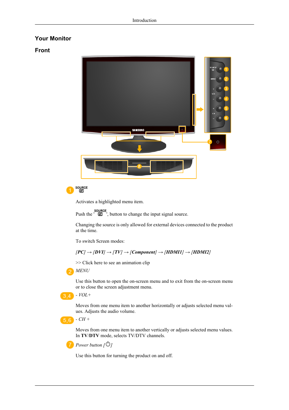 Your monitor, Front | Samsung LS22TDNSUVD-ZA User Manual | Page 12 / 88