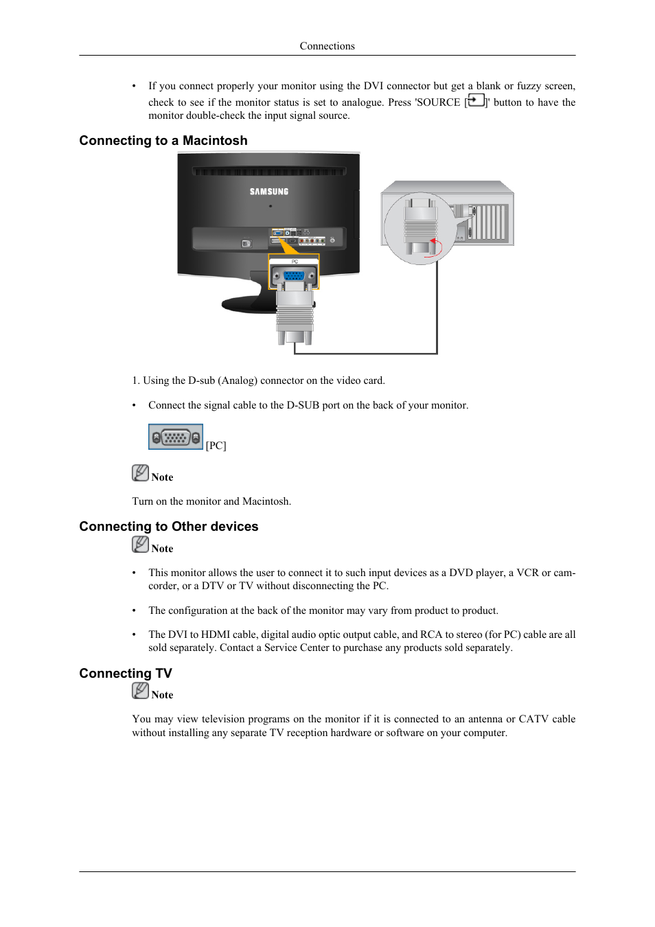 Connecting to a macintosh, Connecting to other devices, Connecting tv | Samsung LS22TDNSUVD-ZA User Manual | Page 20 / 88