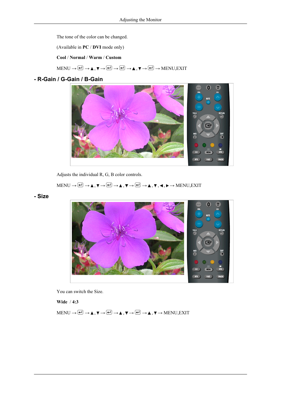 R-gain / g-gain / b-gain, Size | Samsung LS22TDNSUVD-ZA User Manual | Page 39 / 88