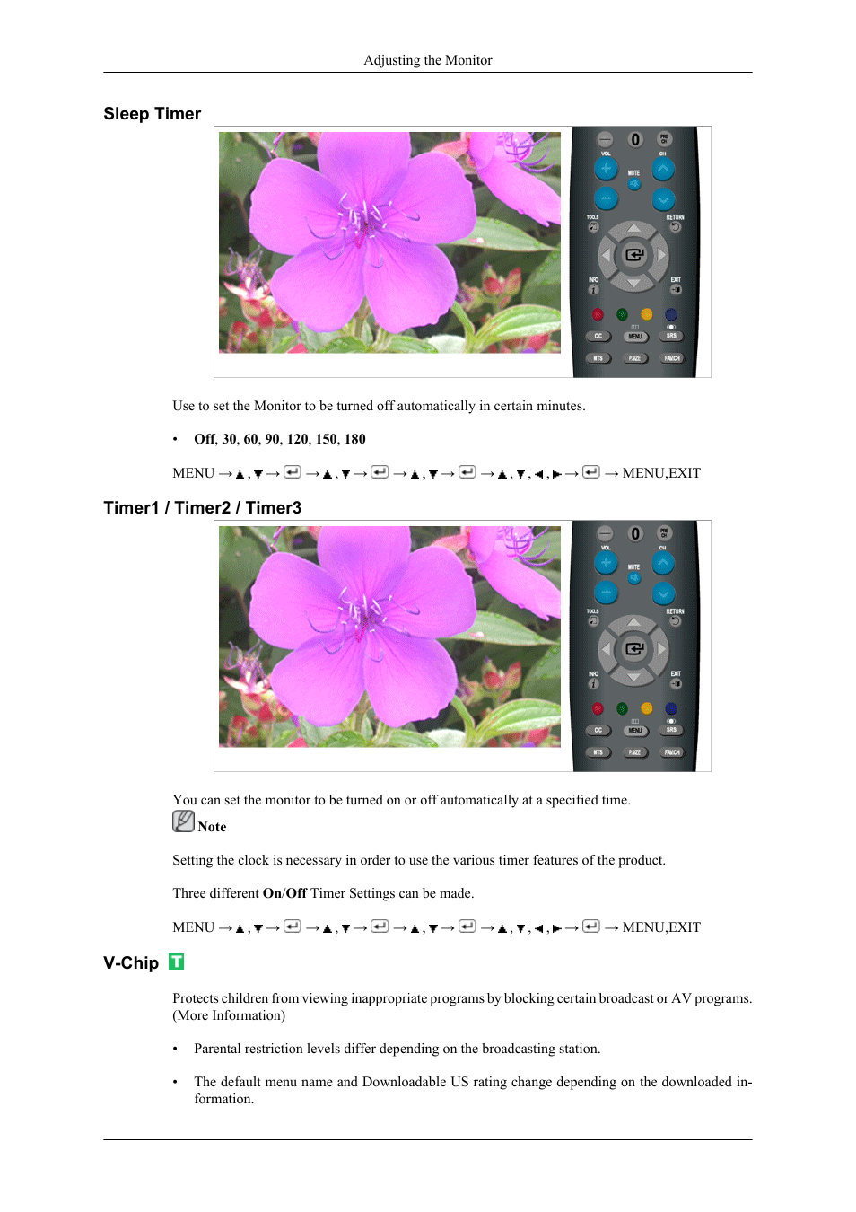 Sleep timer, Timer1 / timer2 / timer3, V-chip | Samsung LS22TDNSUVD-ZA User Manual | Page 56 / 88