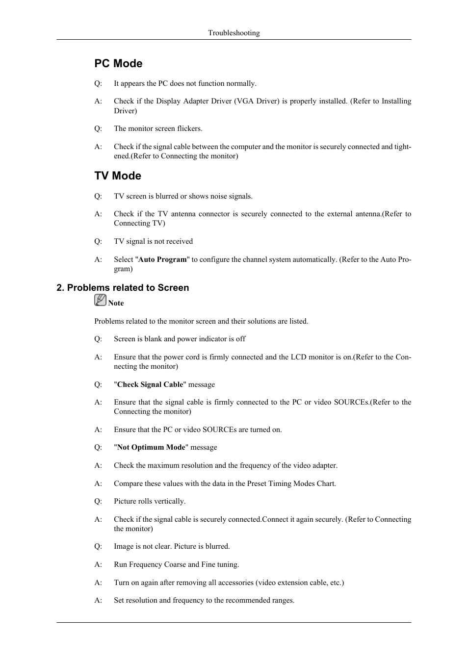 Problems related to screen, Pc mode, Tv mode | Samsung LS22TDNSUVD-ZA User Manual | Page 68 / 88