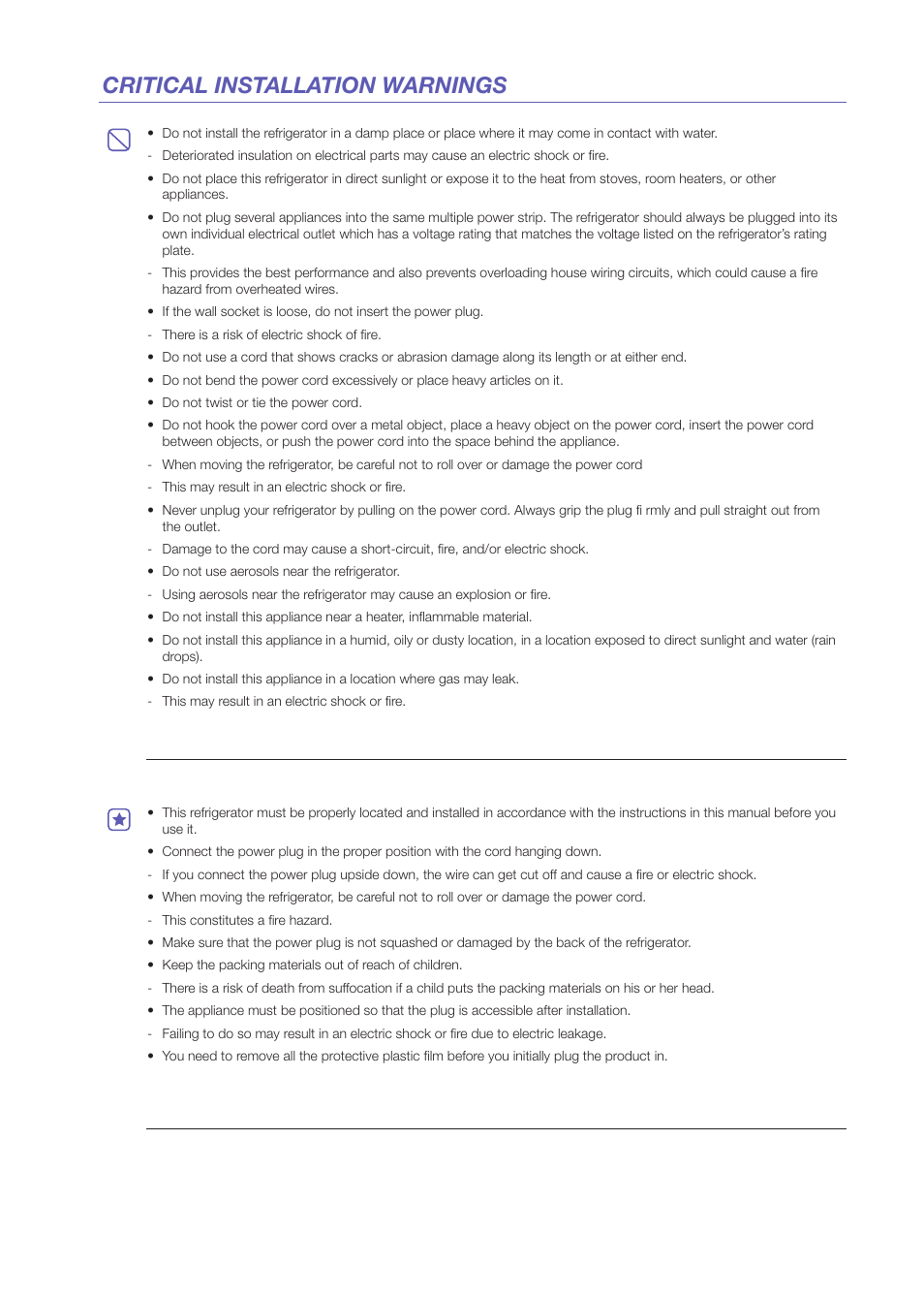 Critical installation warnings | Samsung RF31FMEDBWW-AA User Manual | Page 2 / 20