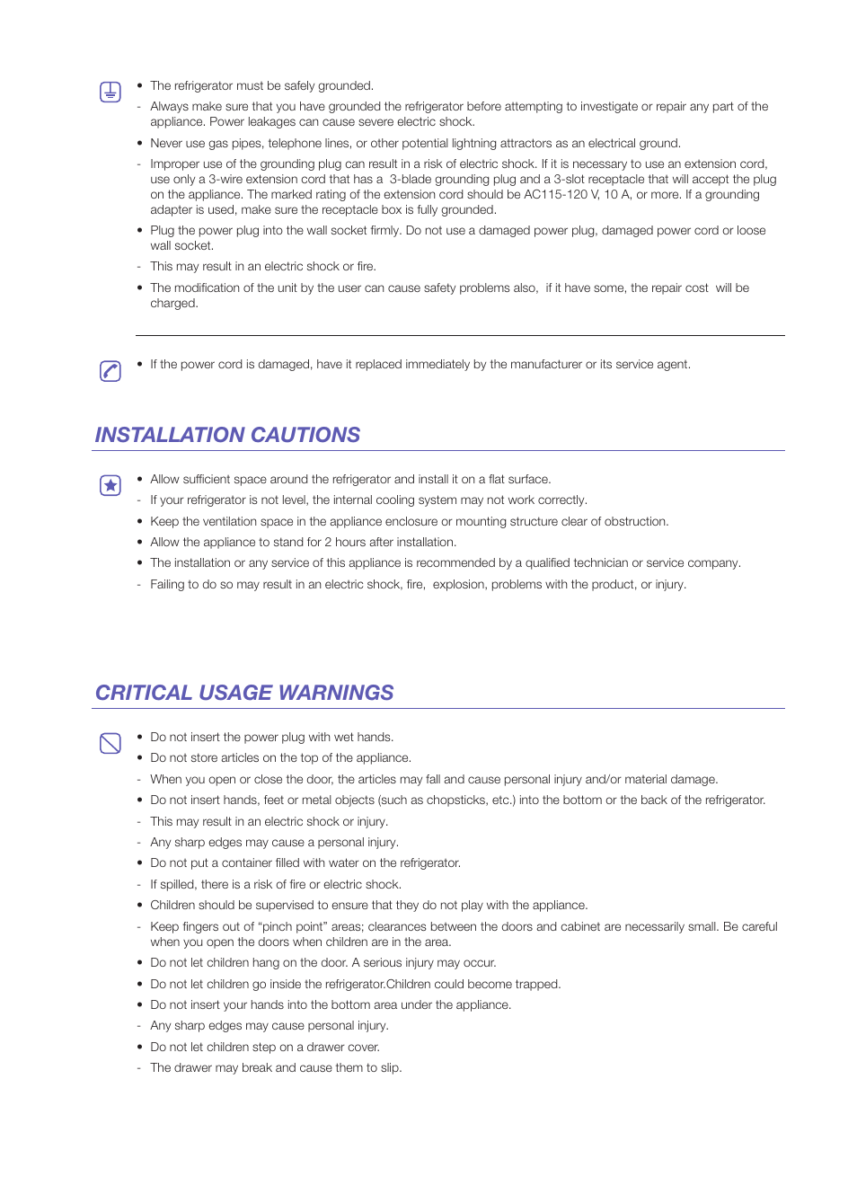 Installation cautions critical usage warnings | Samsung RF31FMEDBWW-AA User Manual | Page 3 / 20