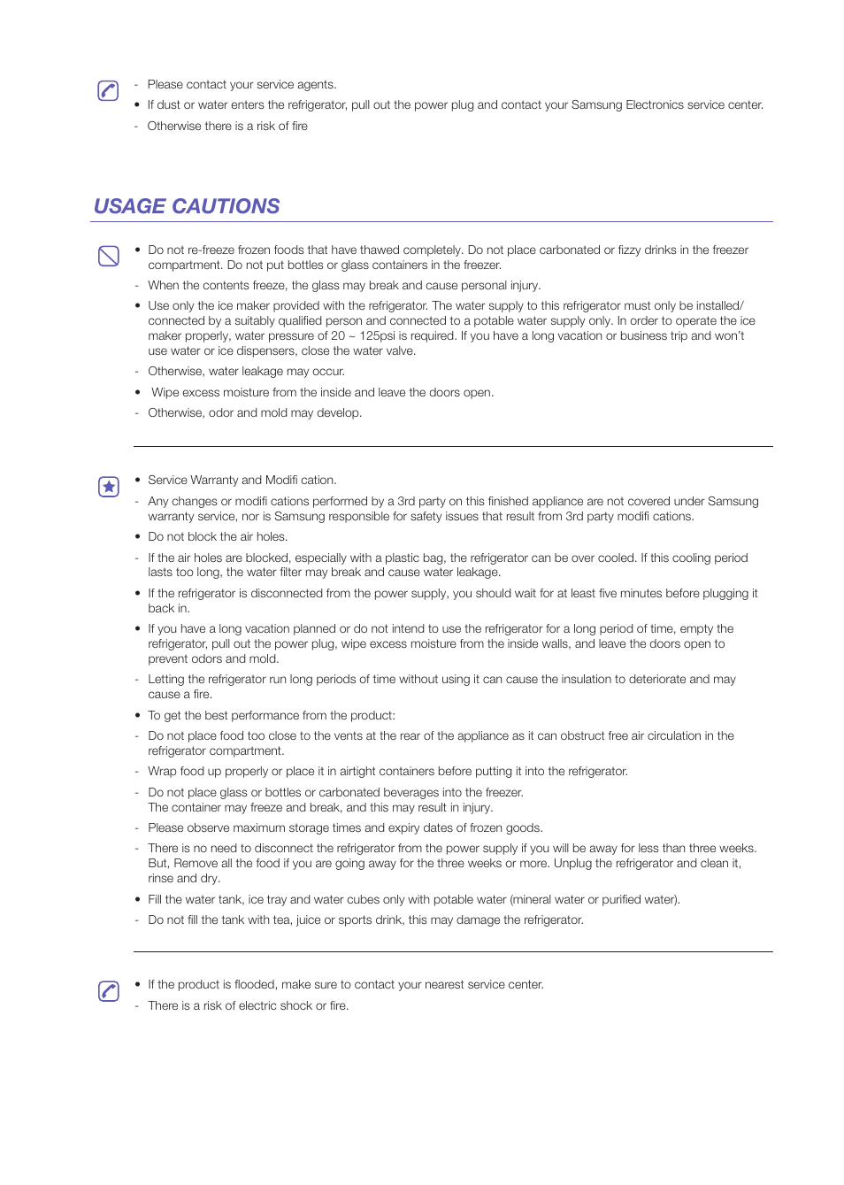 Usage cautions | Samsung RF31FMEDBWW-AA User Manual | Page 5 / 20