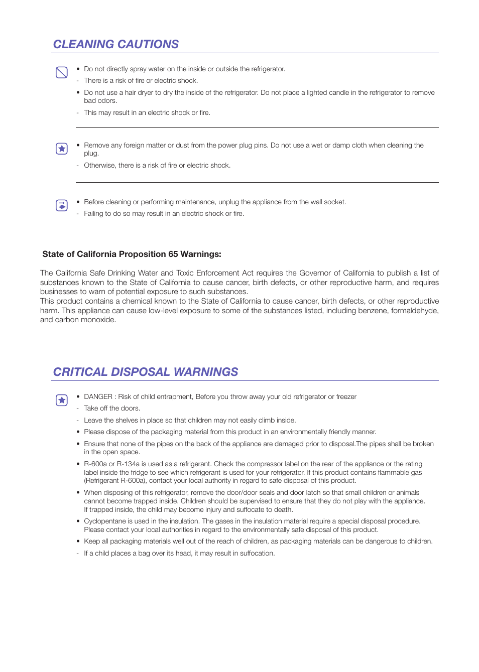 Cleaning cautions critical disposal warnings | Samsung RF31FMEDBWW-AA User Manual | Page 6 / 20