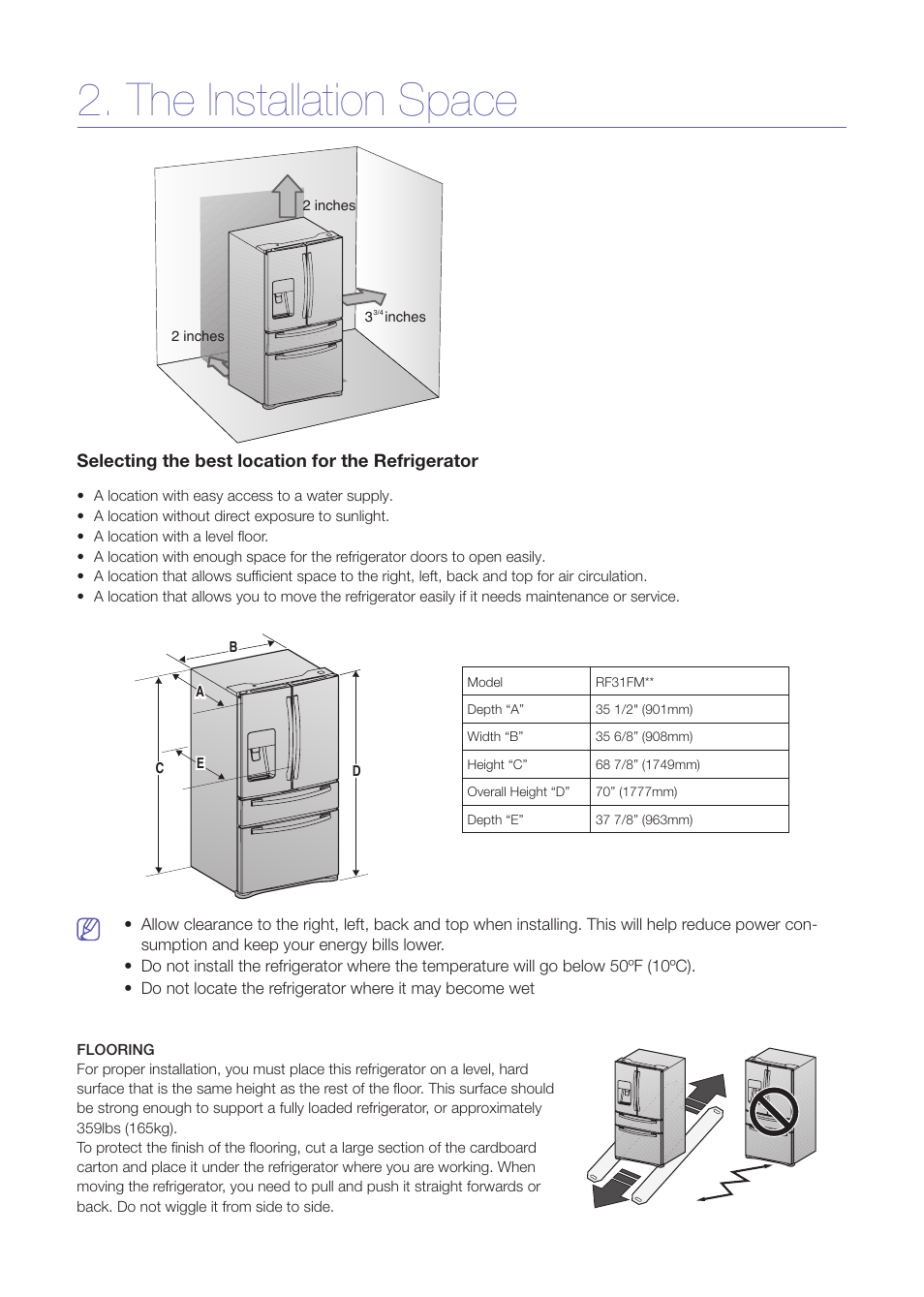 The installation space | Samsung RF31FMEDBWW-AA User Manual | Page 8 / 20