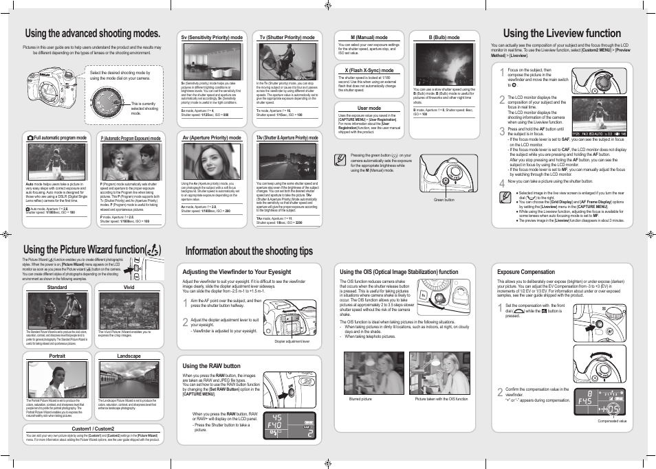 Information about the shooting tips, Using the liveview function, Using the picture wizard function( ) | Using the advanced shooting modes | Samsung ER-GX20ZBBA-E1 User Manual | Page 2 / 2
