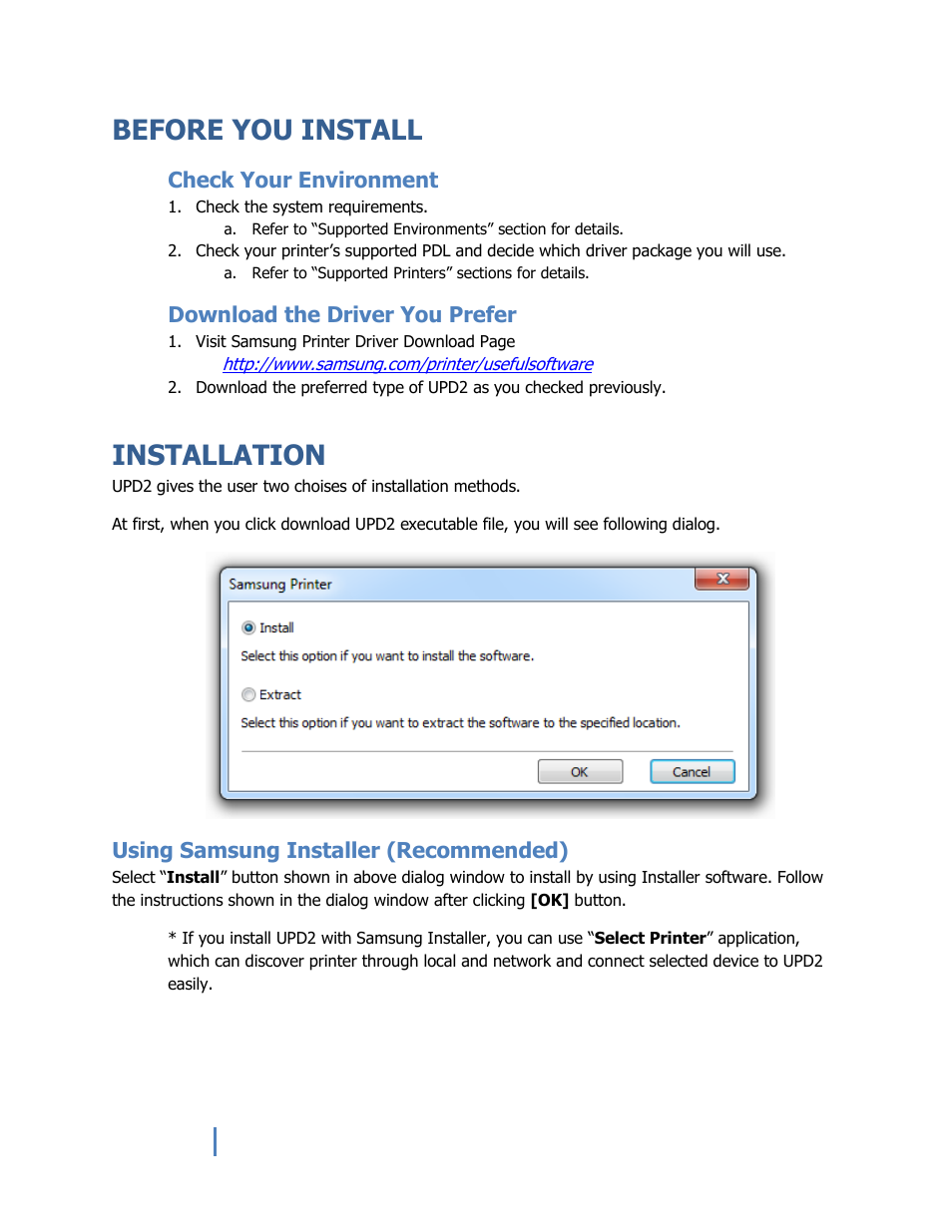 Before you install, Check your environment, Download the driver you prefer | Installation, Using samsung installer (recommended) | Samsung SL-M2825ND-XAA User Manual | Page 8 / 15