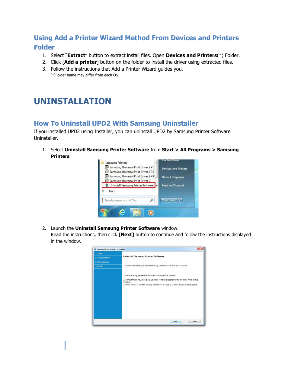 Uninstallation, How to uninstall upd2 with samsung uninstaller | Samsung SL-M2825ND-XAA User Manual | Page 9 / 15