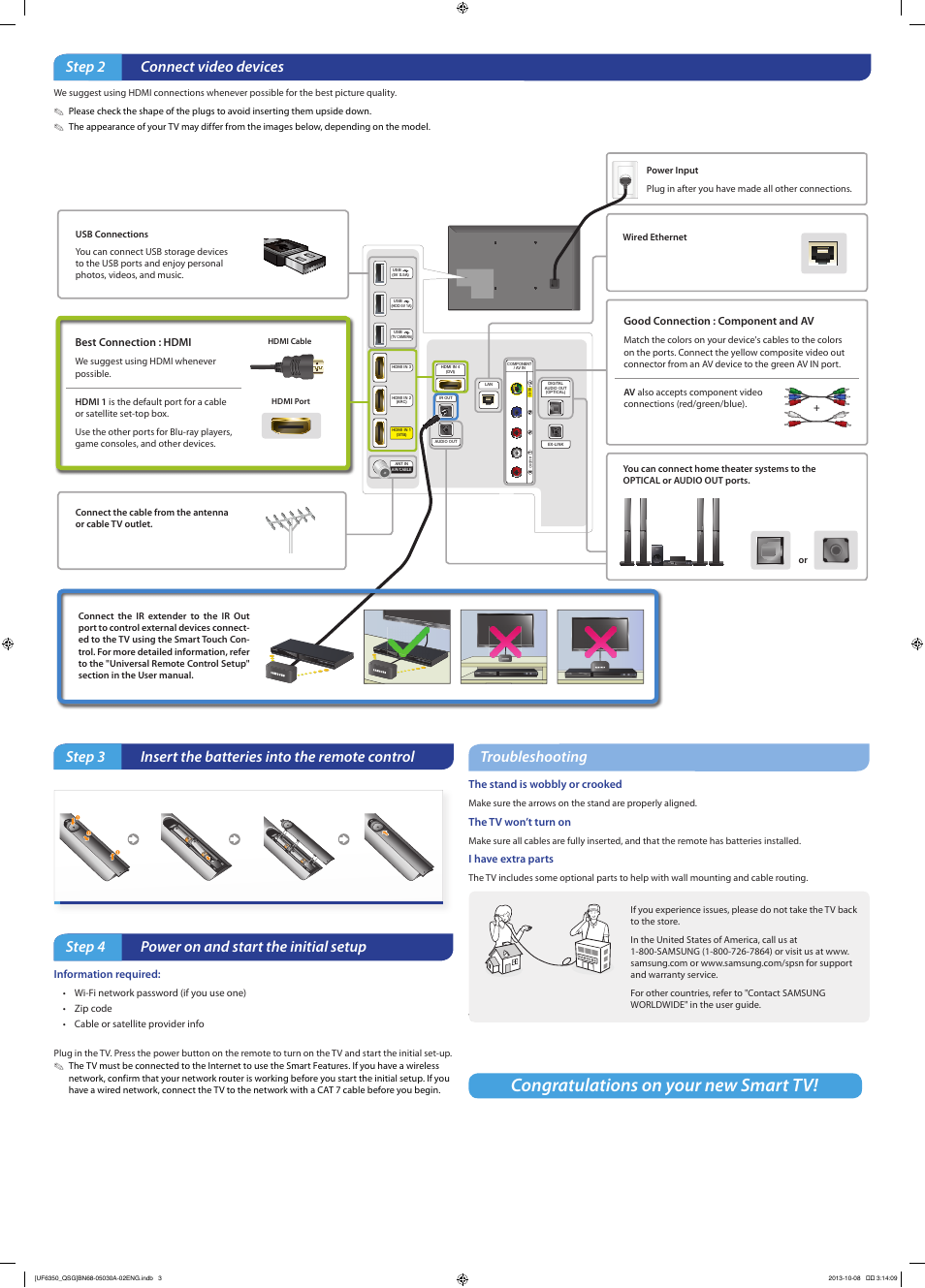 Step 2 connect video devices, Troubleshooting, Step 4 power on and start the initial setup | Samsung UN40F6350AFXZA User Manual | Page 2 / 2