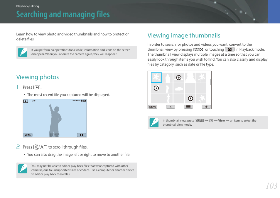 Searching and managing files, Viewing photos, Viewing image thumbnails | Viewing photos viewing image thumbnails | Samsung EV-NXF1ZZB1QUS User Manual | Page 104 / 199