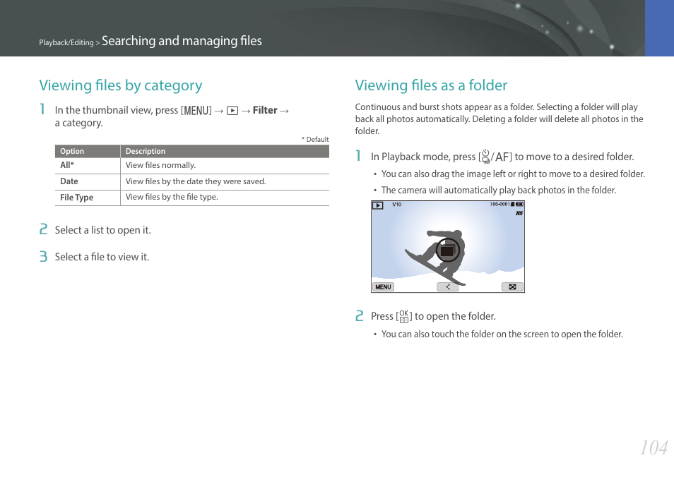 Viewing files by category, Viewing files as a folder, Searching and managing files | Samsung EV-NXF1ZZB1QUS User Manual | Page 105 / 199