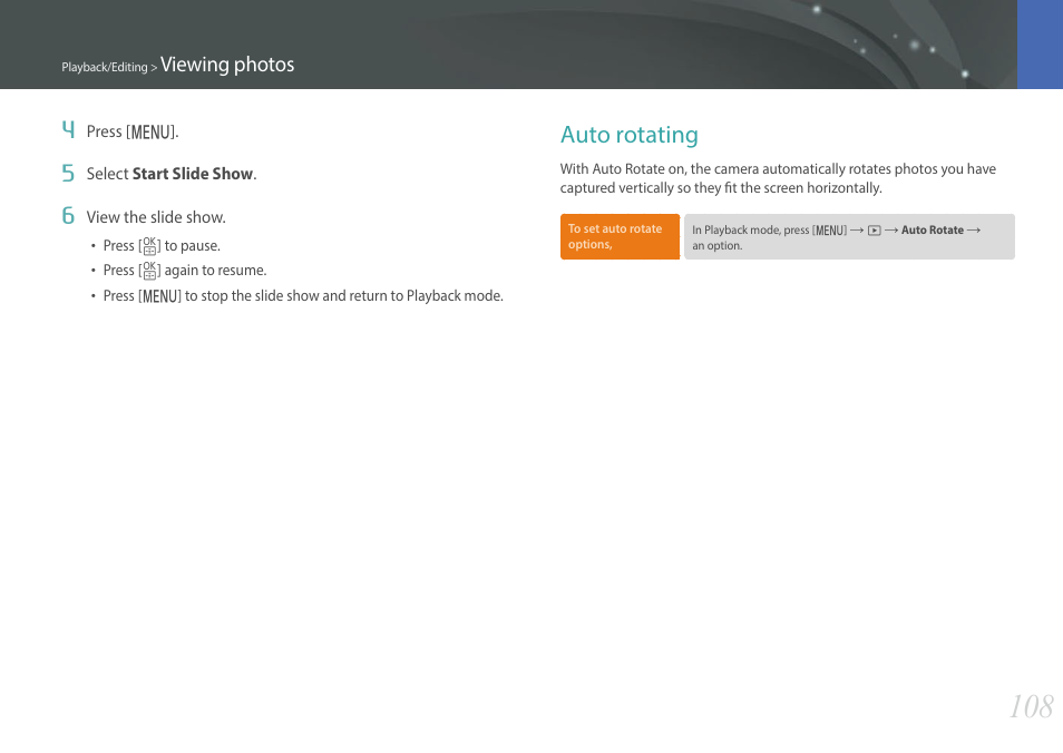 Auto rotating, Viewing photos 4 | Samsung EV-NXF1ZZB1QUS User Manual | Page 109 / 199