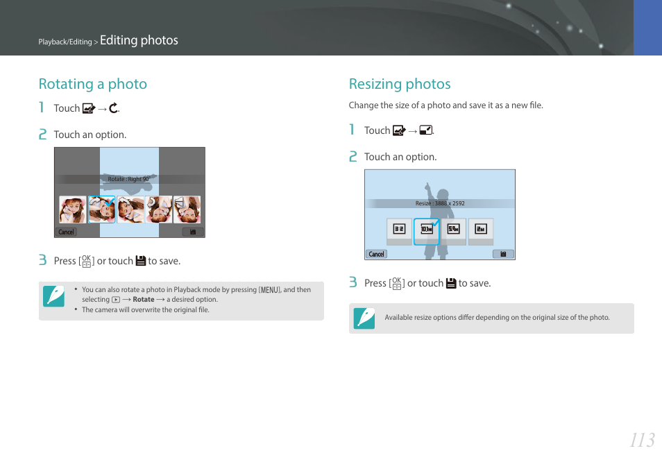 Rotating a photo, Resizing photos, Rotating a photo resizing photos | Editing photos | Samsung EV-NXF1ZZB1QUS User Manual | Page 114 / 199