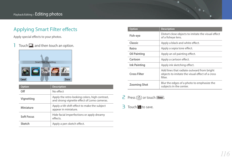 Applying smart filter effects, Editing photos | Samsung EV-NXF1ZZB1QUS User Manual | Page 117 / 199