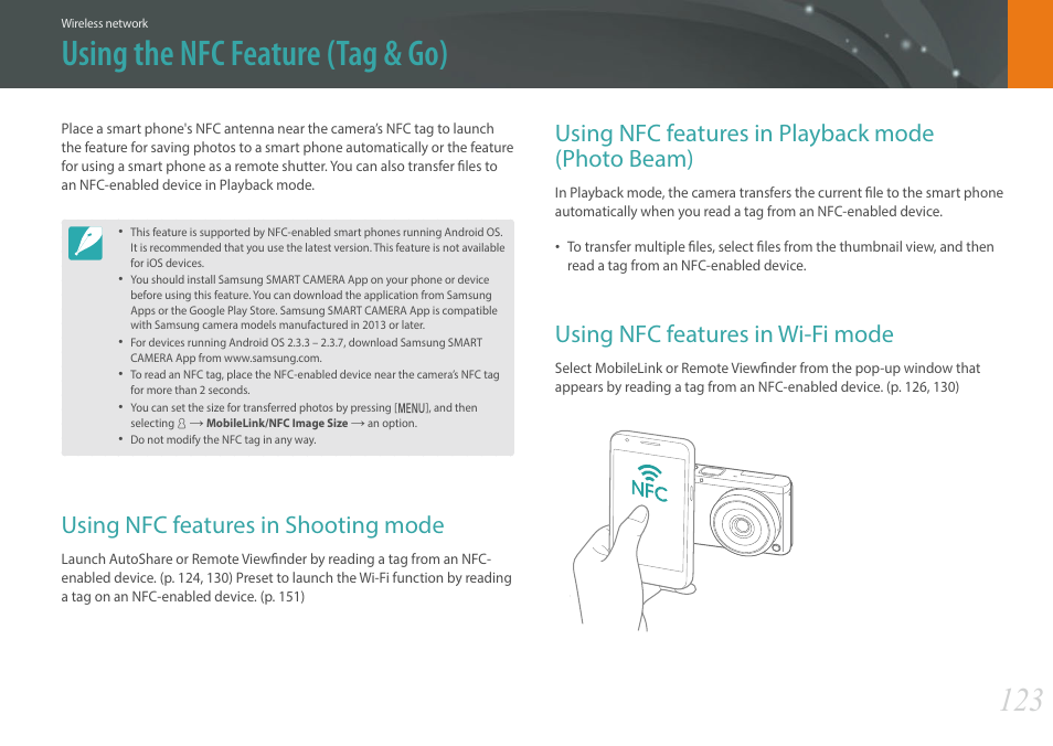 Using the nfc feature (tag & go), Using nfc features in shooting mode, Using nfc features in playback mode (photo beam) | Using nfc features in wi-fi mode | Samsung EV-NXF1ZZB1QUS User Manual | Page 124 / 199