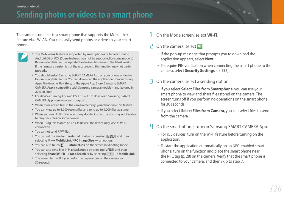 Sending photos or videos to a smart phone | Samsung EV-NXF1ZZB1QUS User Manual | Page 127 / 199