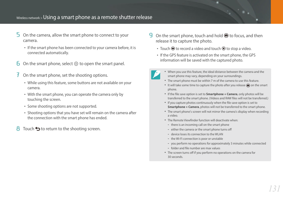 Using a smart phone as a remote shutter release 5 | Samsung EV-NXF1ZZB1QUS User Manual | Page 132 / 199