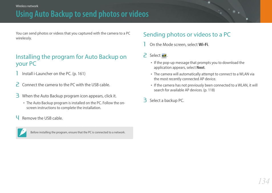 Using auto backup to send photos or videos, Installing the program for auto backup on your pc, Sending photos or videos to a pc | Samsung EV-NXF1ZZB1QUS User Manual | Page 135 / 199