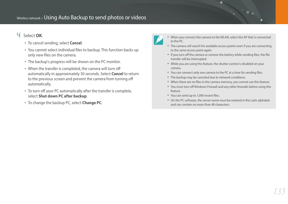 Using auto backup to send photos or videos 4 | Samsung EV-NXF1ZZB1QUS User Manual | Page 136 / 199