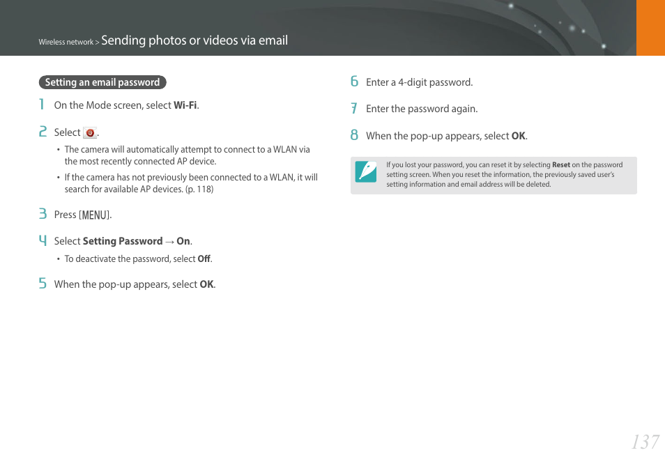 Setting an email password | Samsung EV-NXF1ZZB1QUS User Manual | Page 138 / 199