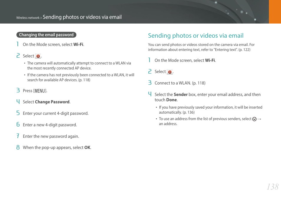 Changing the email password, Sending photos or videos via email | Samsung EV-NXF1ZZB1QUS User Manual | Page 139 / 199