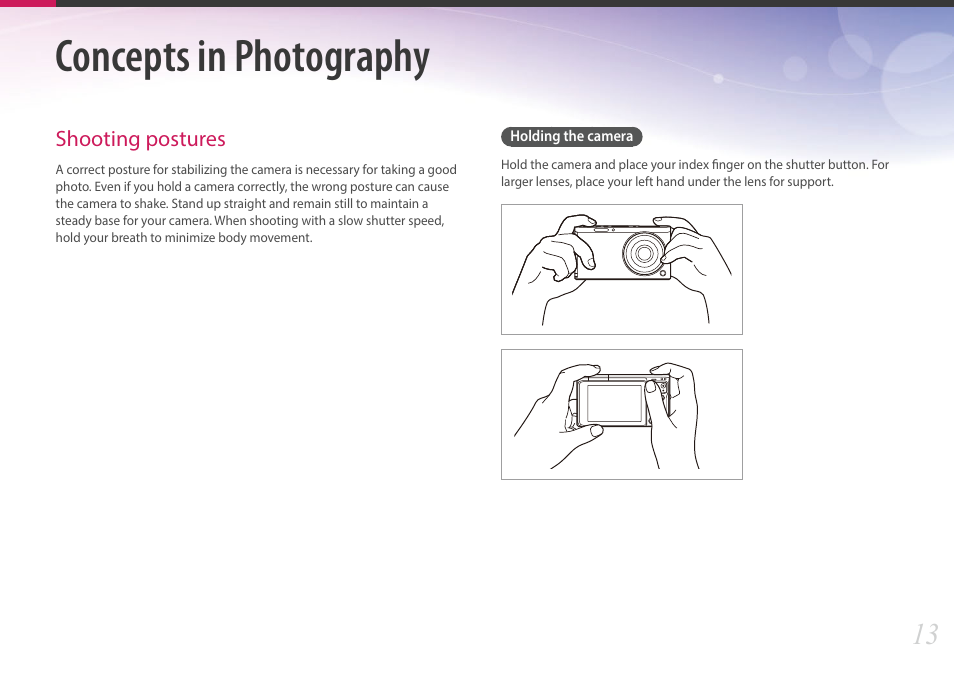 Tips, Concepts in photography, Shooting postures | Holding the camera | Samsung EV-NXF1ZZB1QUS User Manual | Page 14 / 199