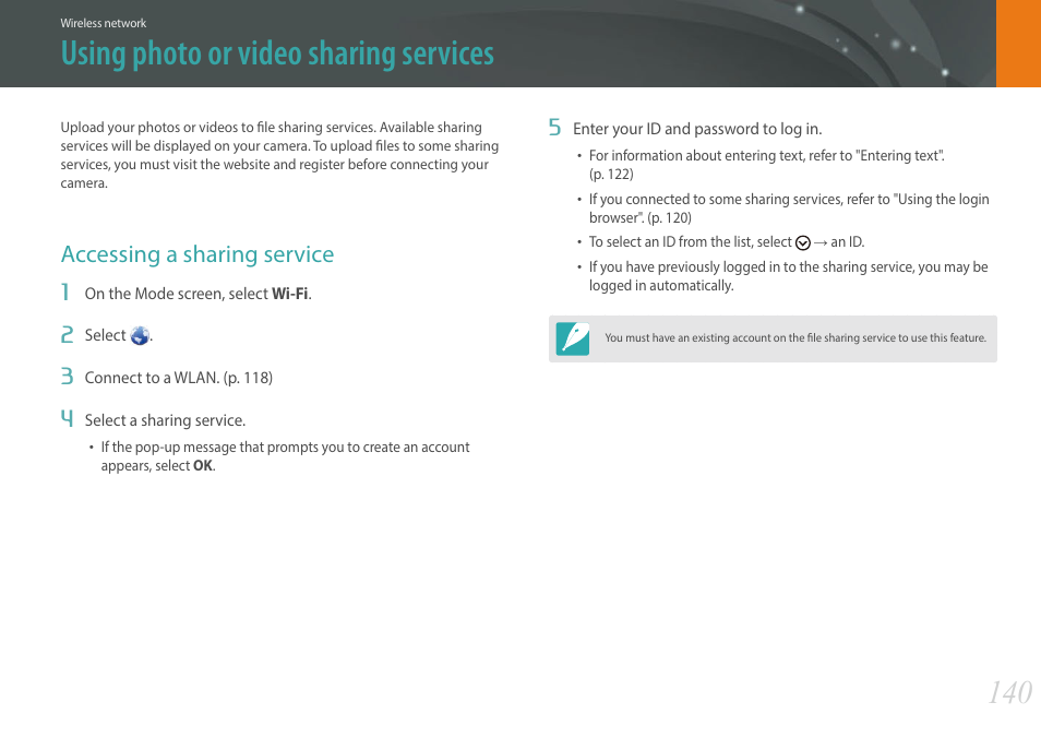 Using photo or video sharing services, Accessing a sharing service | Samsung EV-NXF1ZZB1QUS User Manual | Page 141 / 199