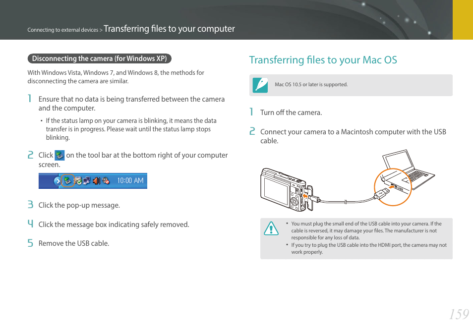 Disconnecting the camera (for windows xp), Transferring files to your mac os | Samsung EV-NXF1ZZB1QUS User Manual | Page 160 / 199