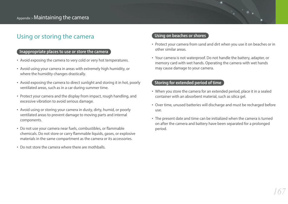 Using or storing the camera, Inappropriate places to use or store the camera, Using on beaches or shores | Storing for extended period of time, Maintaining the camera | Samsung EV-NXF1ZZB1QUS User Manual | Page 168 / 199