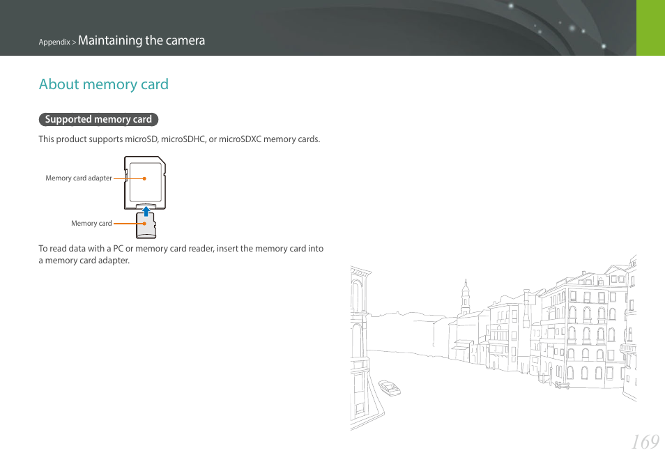 About memory card, Supported memory card | Samsung EV-NXF1ZZB1QUS User Manual | Page 170 / 199