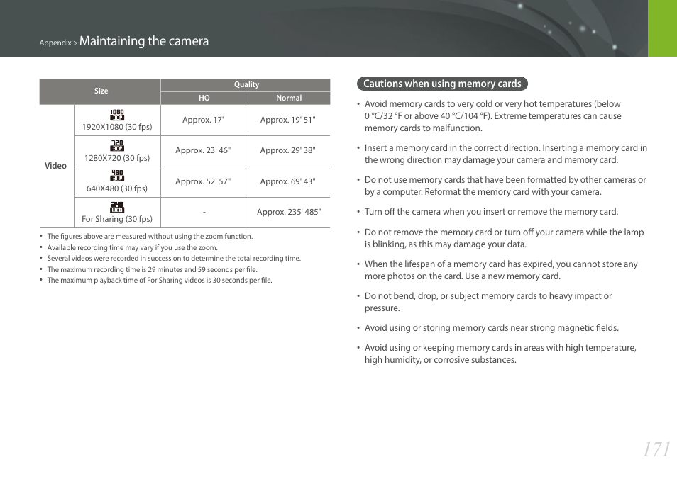 Cautions when using memory cards, Maintaining the camera | Samsung EV-NXF1ZZB1QUS User Manual | Page 172 / 199